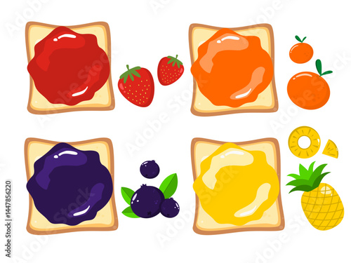 toasted bread cartoon with fruity jam. Strawberry, orange, blueberry and pineapple Bakery element illustration. Food vector
