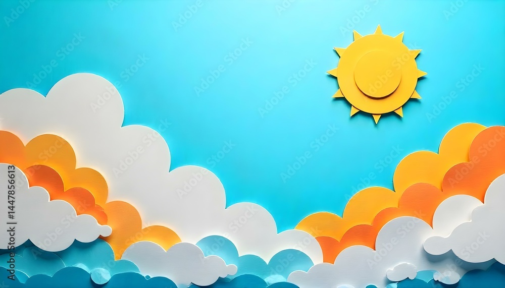 Top view of paper cut clouds and sun on blue background, panoramic shot Top view of paper cut clouds and sun on blue background, panoramic shot