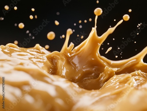 Chocolate milk splash, close up, textured creamy and rich brown color with droplets captured in motion.