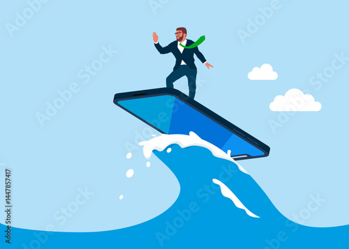 Internet addiction. Confident businessman surfing on smartphone. Warranty and support service. Modern vector illustration in flat style