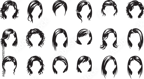 Silhouette Collection of Various Hairstyles, Featuring Different Cuts and Styles for Haircare, Fashion, and Beauty Theme