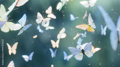 A mesmerizing scene of various butterflies gently fluttering through a lush, green background, creating an enchanting atmosphere