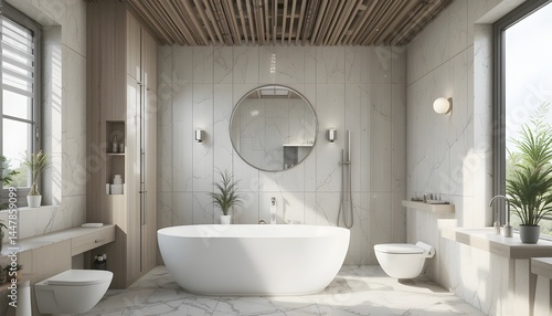 Serene & Modern Bathroom Retreat: Freestanding Tub, Natural Light, and Minimalist Design for Relaxation and Spa-like Ambiance