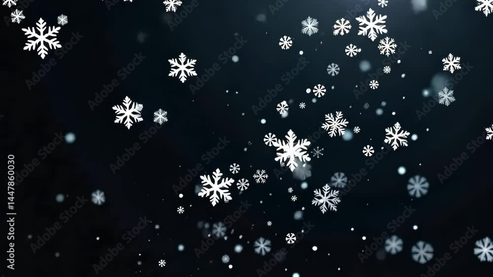 Falling white snowflakes of various sizes in a stylized graphic style on a dark background, representing a winter or holiday season concept