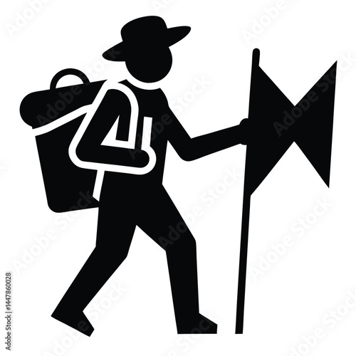 Hiking Expedition Traveler with Backpack and Flag