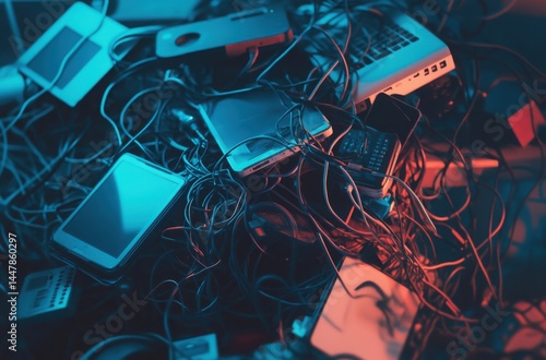 A dramatic and sharp photo of electronic junk stacked high--phones, laptops