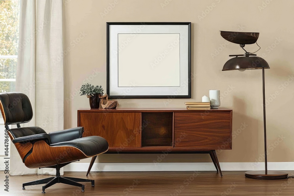 Mid-century modern living room featuring a comfortable leather armchair, wooden sideboard, and a framed artwork. A floor lamp and small potted plant add to the design Mid-century modern living room featuring a comfortable leather armchair, wooden sideboard, and a framed artwork. A floor lamp and small potted plant add to the design