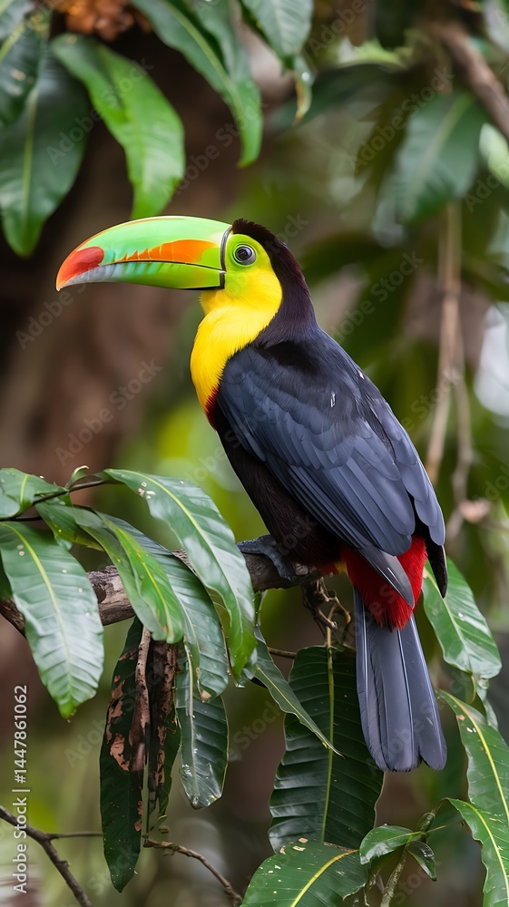 Obraz premium Vibrant yellow-breasted toucan with glossy black feathers and a large green bill tipped in red perched on a mossy branch in a tropical rainforest filled with lush foliage and soft sunlight beams
