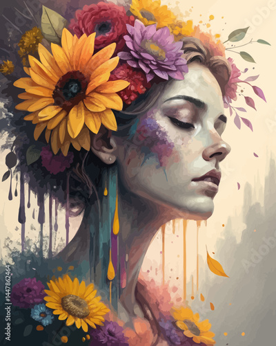 Portrait of a woman with flowers in her hair in an impressionistic style with dripping paint effects