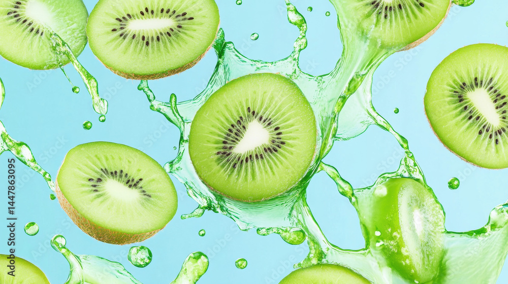 Fototapeta premium Juicy Kiwi Juice Splash Kitchen Beverage Art Bright Atmosphere Close-Up Textured Concept