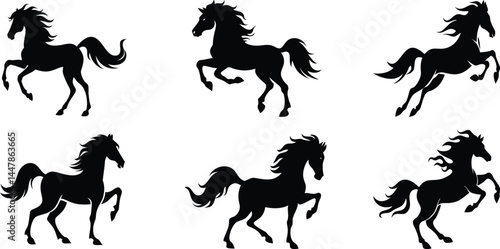Silhouette Set of Galloping and Rearing Horses