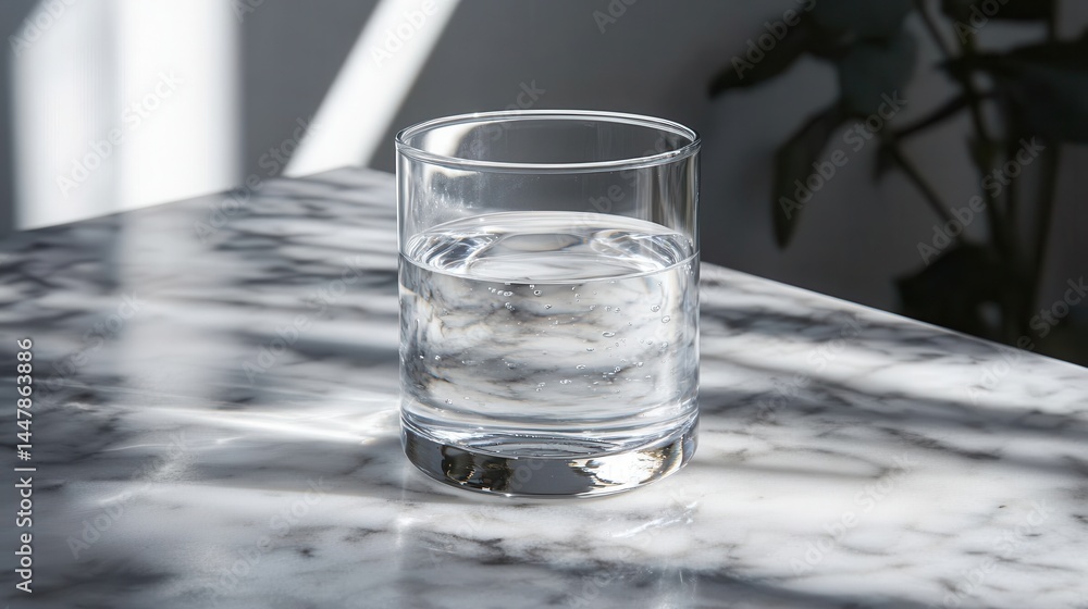 Clear glass of water on marble table with soft shadows Clear glass of water on marble table with soft shadows