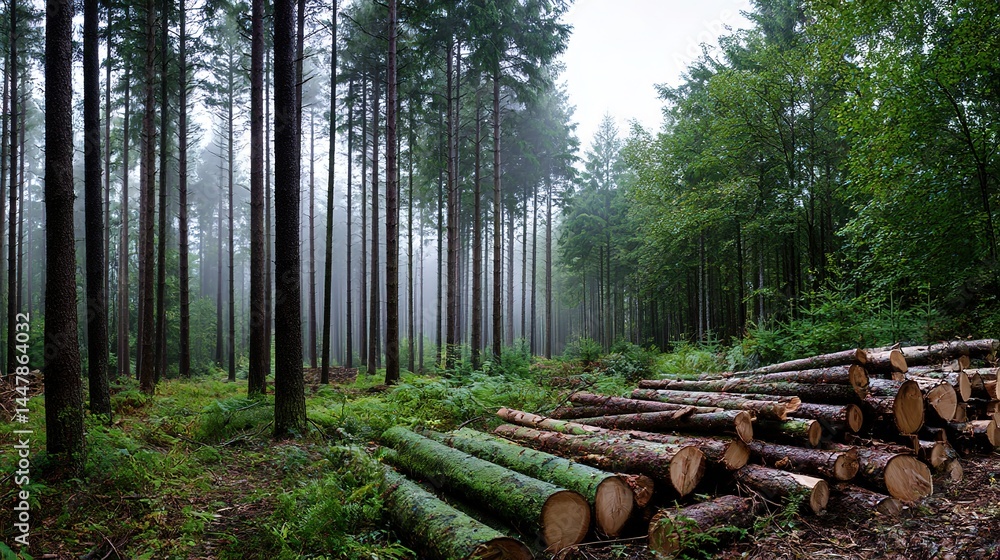 Fototapeta premium Stacked pine and spruce logs in a forest clearing, a serene woodland scene of natural harmony. 