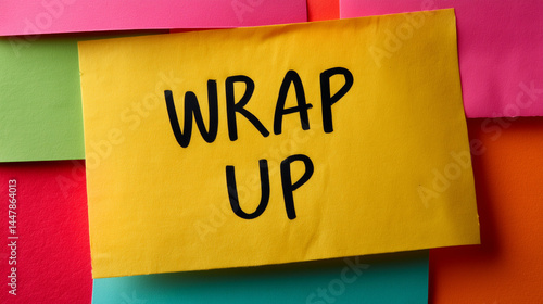 Let’s wrap up message written on sticky note symbolizing meeting summary task completion and end of discussion or activity