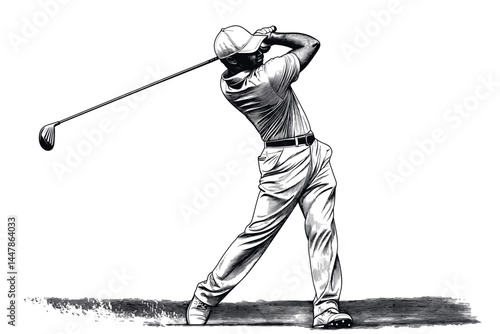 Dynamic golf shot captured in detailed black and white art.