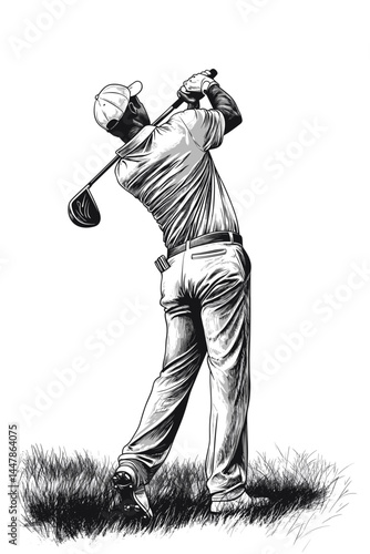 Dynamic golf shot captured in detailed black and white art.
