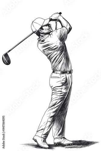Dynamic golf shot captured in detailed black and white art.