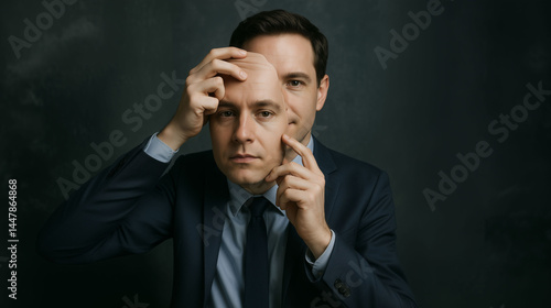 Businessman placing artificial face over real face symbolizing deepfake identity manipulation multiple personality and digital deception concept