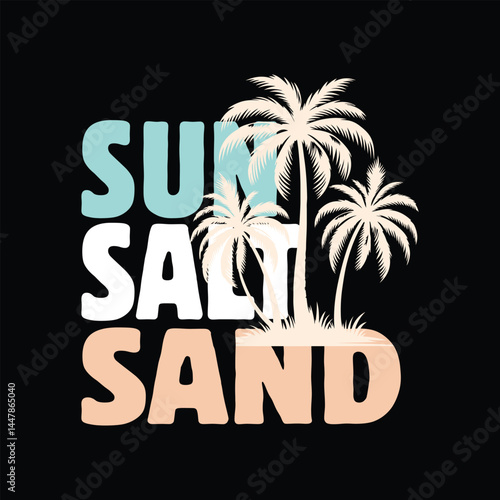 Sun salt sand t-shirt design with palm trees silhouette design for black t-shirt new 2025 trendy summer t-shirt design.