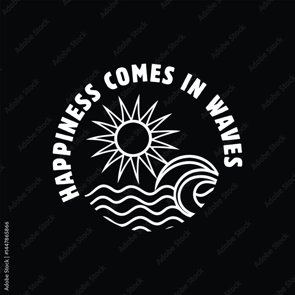 Naklejka premium vector illustration of an abstract background with a sun and wave happiness comes in waves new 2025 trendy summer t-shirt design