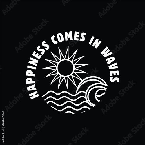 vector illustration of an abstract background with a sun and wave happiness comes in waves new 2025 trendy summer t-shirt design