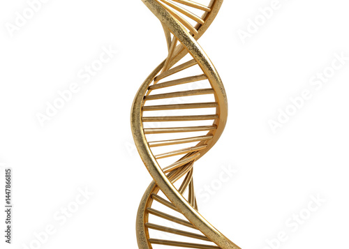 Golden dna double helix structure isolated on a white background with a textured surface detail