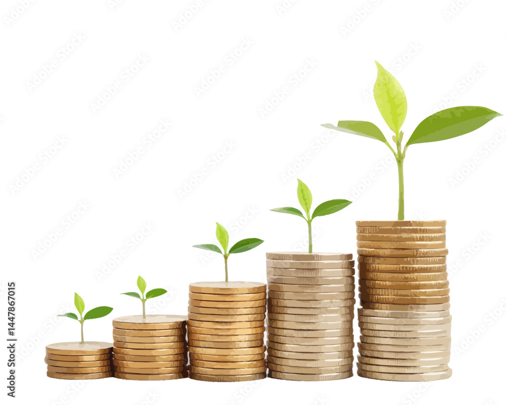 Stacks of coins with small plants growing on each stack showing growth and investment concept idea Stacks of coins with small plants growing on each stack showing growth and investment concept idea