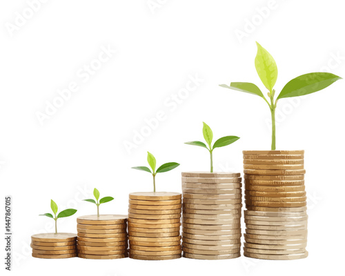 Stacks of coins with small plants growing on each stack showing growth and investment concept idea