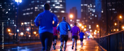 Urban night runners pushing limits in the glistening city lights after rain