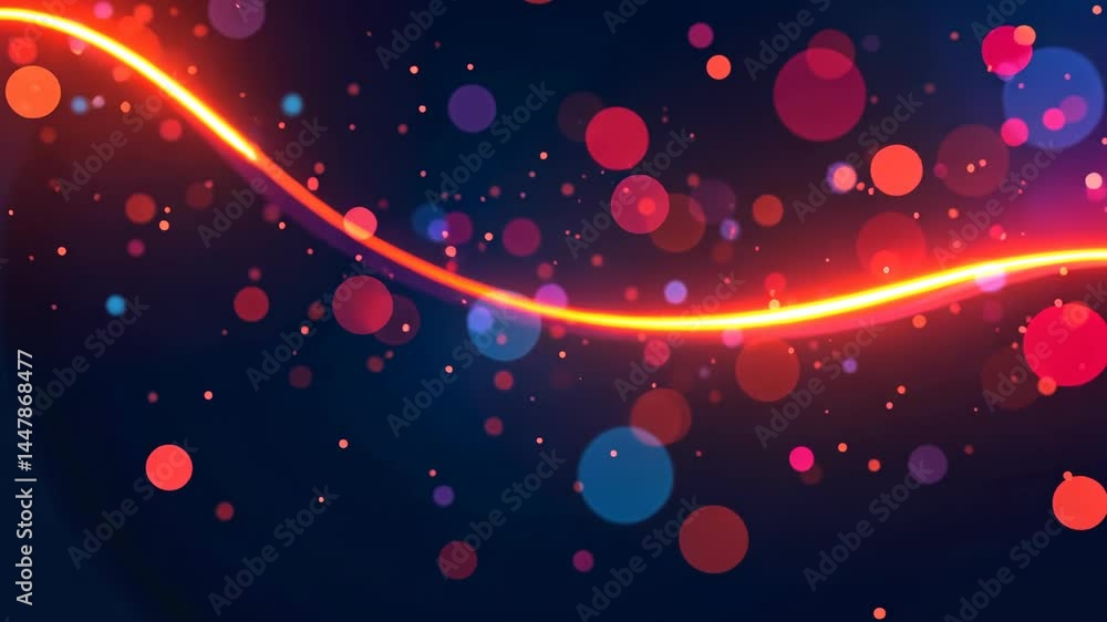 Glowing orange wave and colorful bokeh light circles on a dark abstract background, creating a festive and dreamy atmosphere