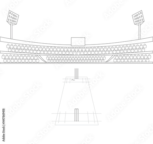 Cricket stadium vector illustration, Hand drawing line art cricket field, Sketch playground, Cricket stadium with illumination, Largest Cricket Stadium, Sports Line art vector design, Crowded stadium