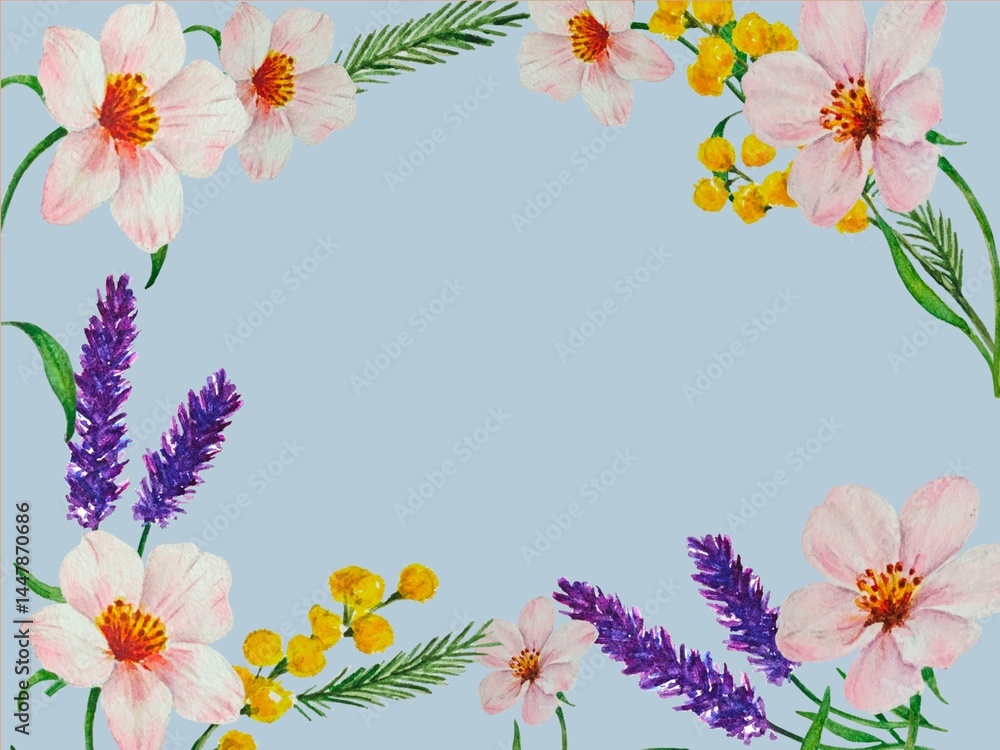 Obraz premium Watercolor floral frame with lavender, mimosa and pink flowers on blue background, perfect for cards, invitations and design.