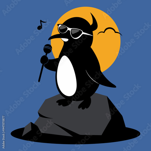 Vector art illustration of a penguin singing on the beach