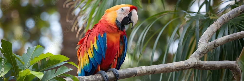 Obraz premium Brilliant scarlet macaw with radiant red yellow and blue feathers perched on a tropical tree branch spreading its vivid wings in a lush green rainforest glowing under warm dappled sunlight rays