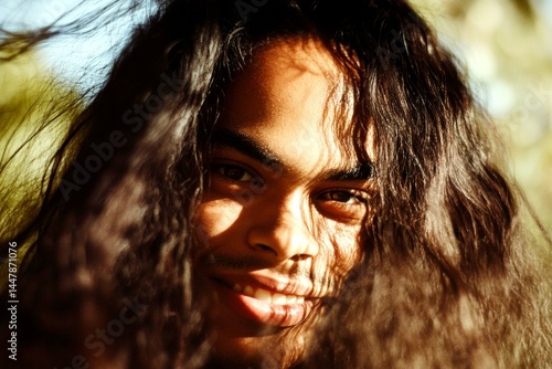 Obraz na płótnie Commercial ad concept concept art. Lovely happy mixed-race girl - for ads, alley poster and social apps promotion use. Long haircut - beach waves hair. African beauty hair portraits. w salonie