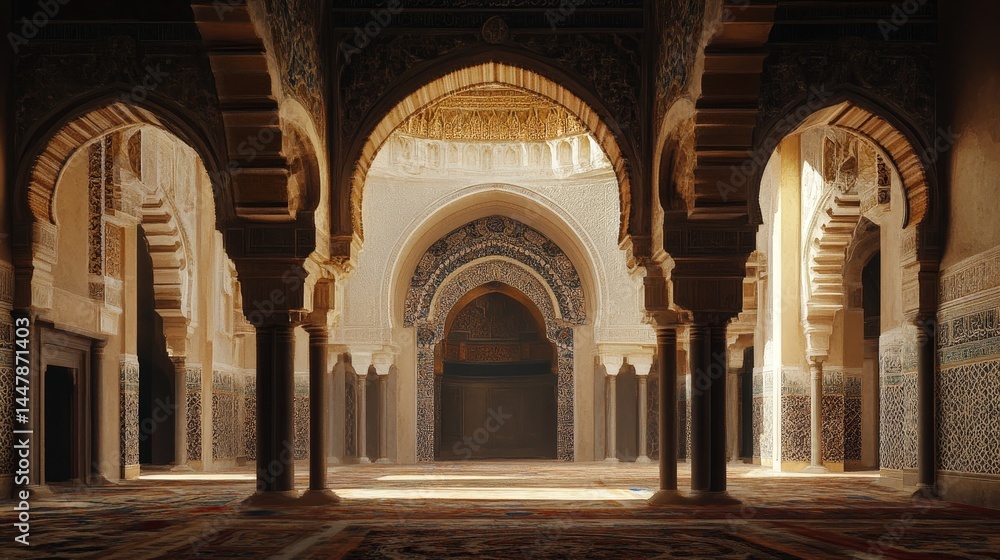 A serene mosque interior with grand archways leading to a beautifully crafted mihrab. A serene mosque interior with grand archways leading to a beautifully crafted mihrab.