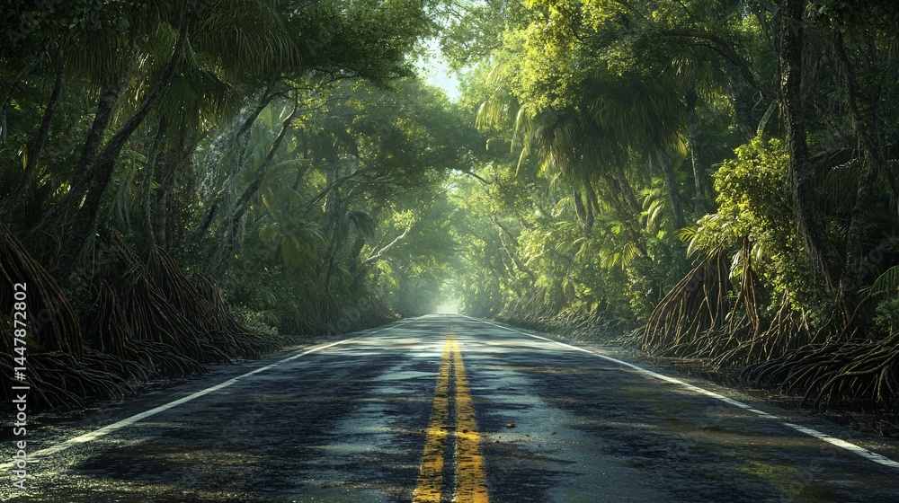 Obraz premium Lush Tropical Jungle Road Scenic Asphalt Highway Through Verdant Rainforest Canopy, Sunlight Dappled Path, Adventure Travel, Mysterious Escape, Nature's Beauty, Tranquil Scene, Exotic Destination,