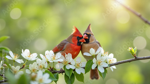 Pair of birds perched on flowering branch