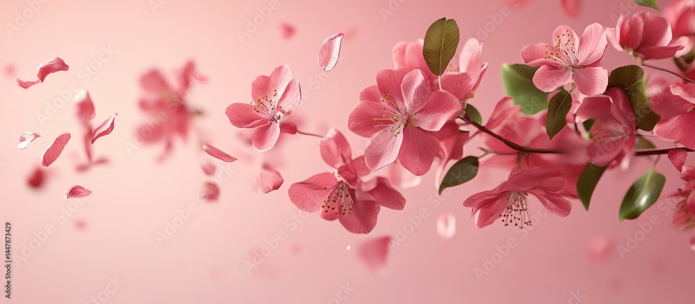 Fototapeta premium Pink blossom branch, petals falling, soft background, spring banner
