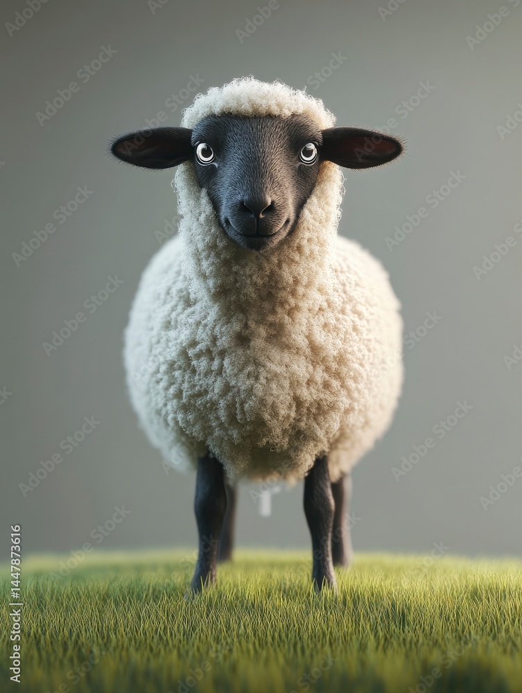 Fototapeta premium Cute Smiling Sheep Standing on Green Grass