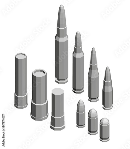 A collection of different shaped bullets are shown in a row. The bullets are all different sizes and shapes, with some being longer and others shorter. Concept of variety and diversity. Isometric view
