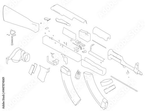 A close up of a gun with the parts. The image is black and white. Scene is serious and focused on the details of the gun. Isometric view