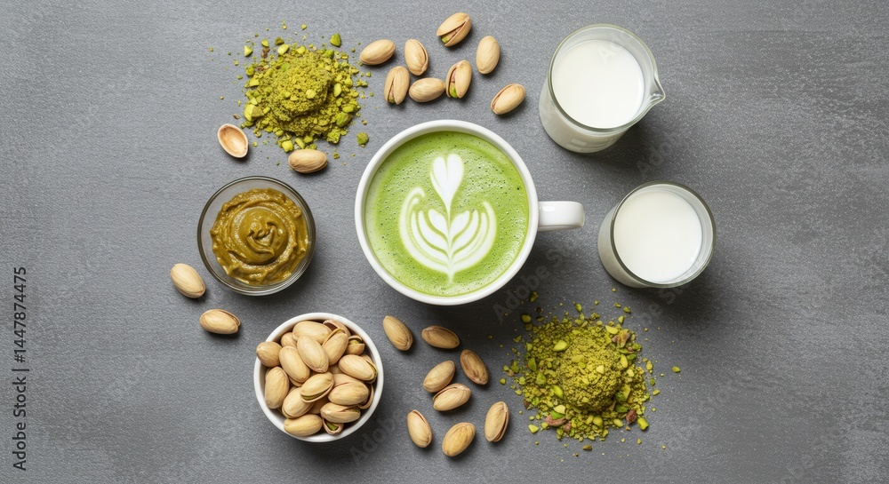 Fototapeta premium Preparing Pistachio Latte Art Drink Overhead View