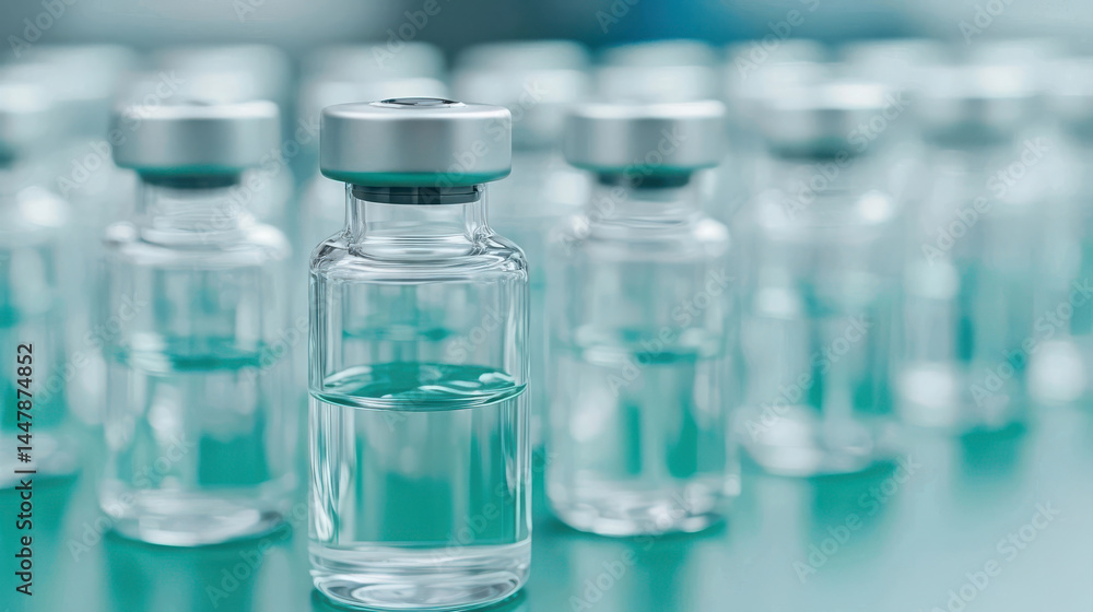Clear glass vials filled with liquid, arranged in clinical setting, symbolize health and science Clear glass vials filled with liquid, arranged in clinical setting, symbolize health and science