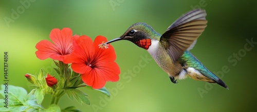Hummingbird feeding red flower, garden, blurred green background, nature poster