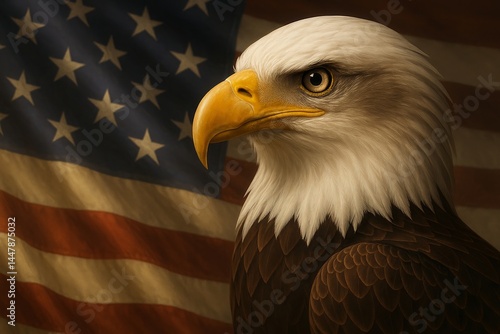 Majestic Bald Eagle American Flag Patriotism Symbol Freedom National Bird Wildlife Powerful Bird of Prey American Pride Powerful Eagle Intense Gaze National Emblem Bald Eagle Portrait American        