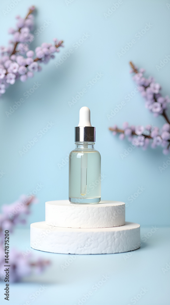 Serene Serum Clear Bottle Display with Dropper on White Base Serene Serum Clear Bottle Display with Dropper on White Base