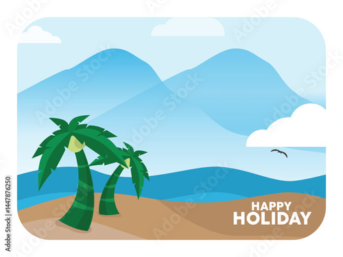 beach scene illustration for holiday greetings with white frame