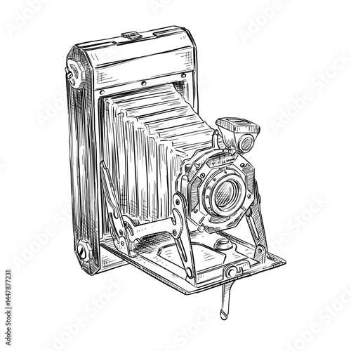 old vintage camera vector line art hand drawn illustration