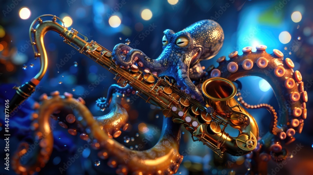 Obraz premium An octopus plays a saxophone in a vibrant musical scene.
